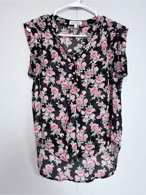 Active USA Floral Rose Blouse Black Pink Button Front Short Sleeve M